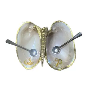 Seashell Salt and Pepper Cellar with Elegant Gold Trim and Monogrammed Initials for Rustic Farmhouse Kitchen Decor