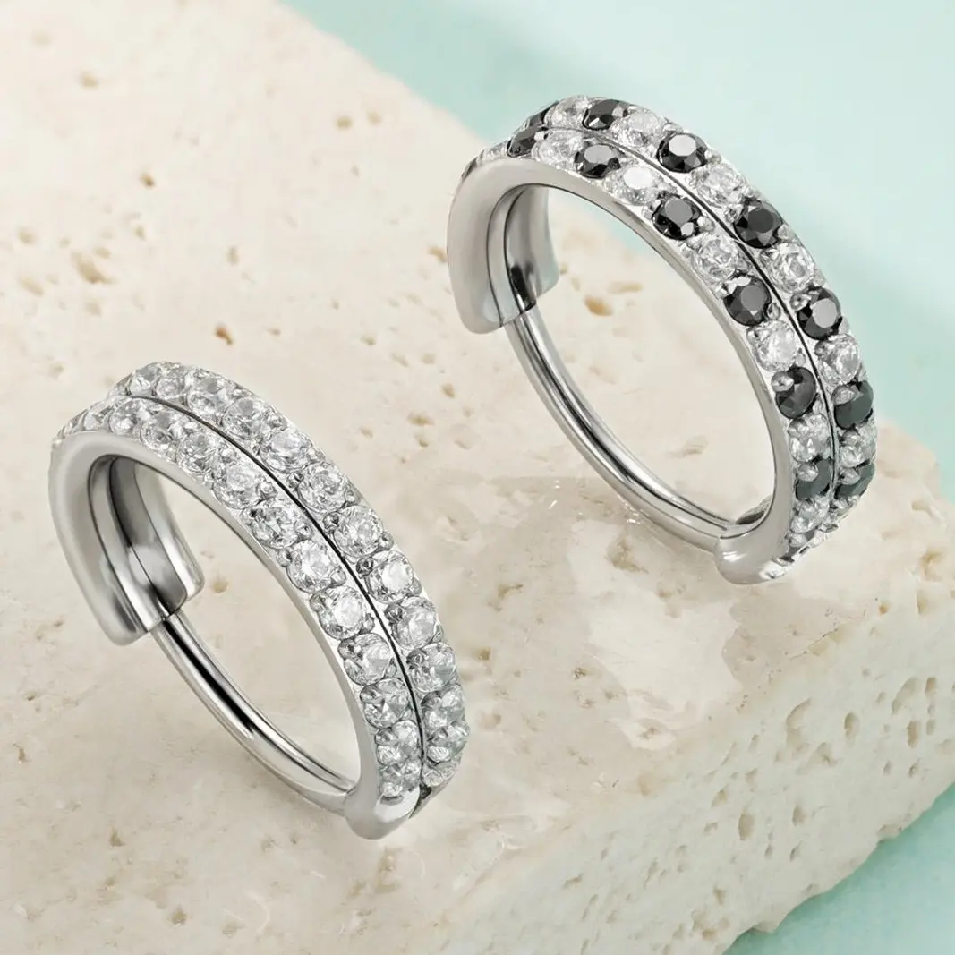 20G Titanium Nose Ring, Double Row Diamonds Hoop Nose Ring, Double Nose Ring For Single Piercing, Conch Helix Daith Lip Piercing Jewelry
