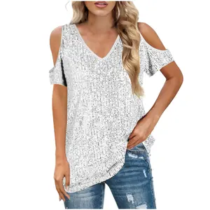 Summer Women's Fashion Comfortable Loose V-neck Sequin Short Sleeve Top Sequin
