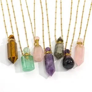 Natural Gem Necklace Hexagon Cone Pendant  Golden Necklace Healing Crystal Quartz Spirit Chakra Energy Necklace Halloween Jewelry