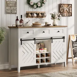 Rustic Farmhouse Sideboard Buffet Cabinet, Features Sliding Barn Door, Three Spacious Drawers, Removable Wine Rack, and Adjustable Interior Shelf, Versatile Storage Cabinet