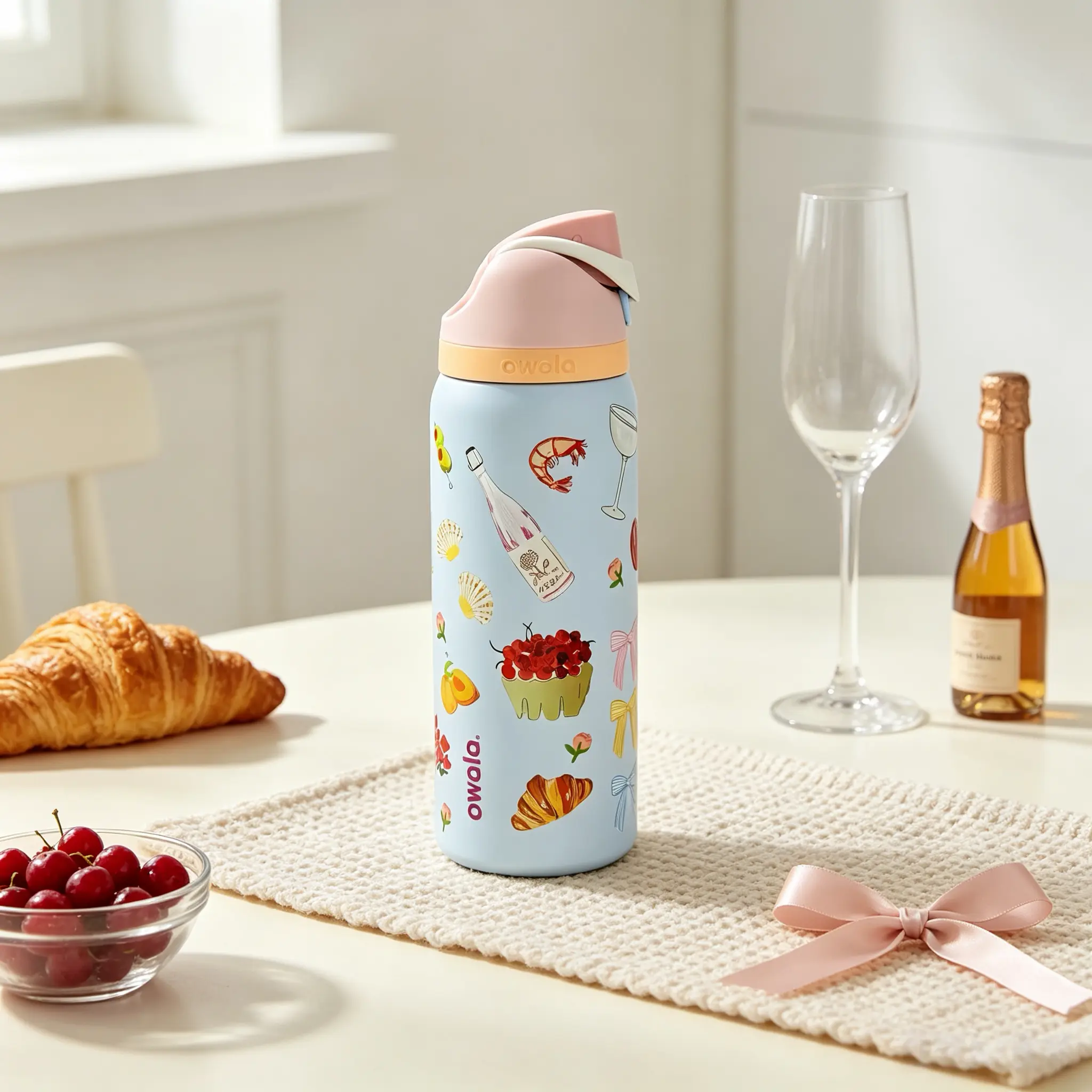 Owala FreeSip 32oz Insulated Stainless Steel Water Bottle - Leak-Proof Flip Lid, 24-Hour Cold Retention, Cute French Snack Print Tumbler for Travel, Gym Use