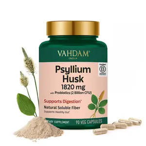 VAHDAM Psyllium Husk Fiber 1820mg + Probiotics | Natural Digestive Support for Gut Cleanse & Healthy Bowel Movement | 90 Veg Capsules