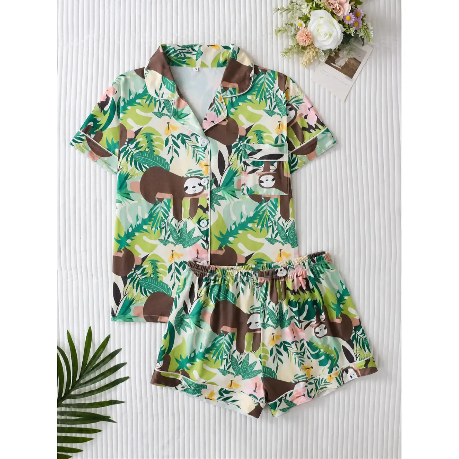 Elegant Women's Pajama Set with Cute Tree, Floral, Animal & Letter Prints - Fitted Short Sleeve Top and Loose Shorts for All Seasons