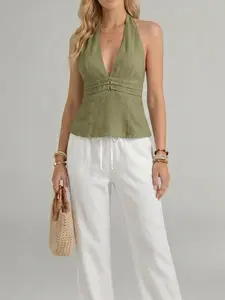 Women's Military Cotton Linen Halter Deep V Metal Buckle Waistcoat, Summer Sexy Backless Curve Reveal Vest, Luxury Vacation Date