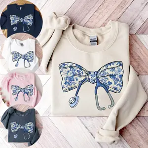 Nurse with Bow Sweatshirt or T-Shirt | Cute Stethoscope Bow Nurse Shirt | RN LPN CNA Gift | Nursing Student Sweatshirt | Healthcare Worker Top