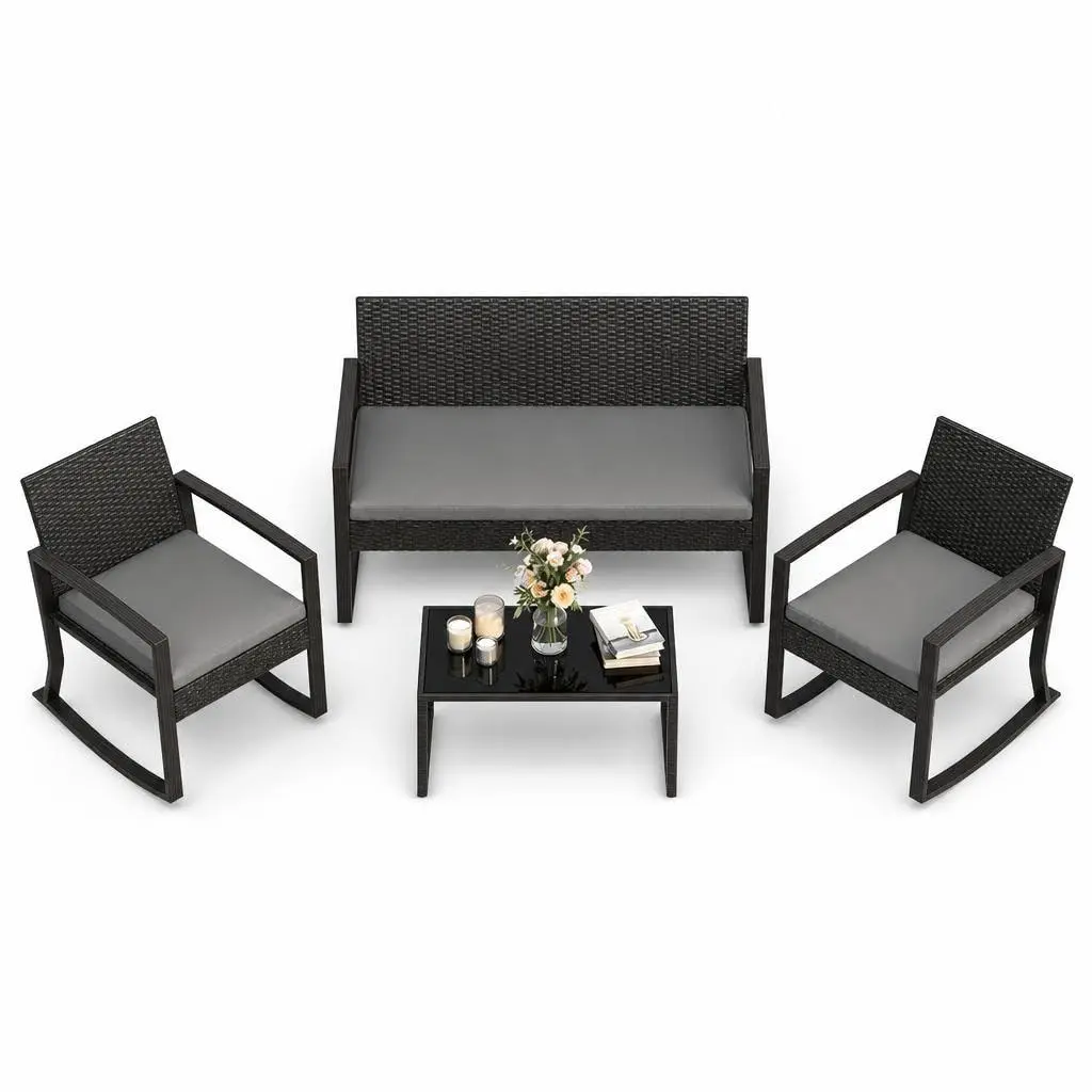 LinTimes 4-Piece PE Rattan Outdoor Bar Set with Rocking Chairs - All-Weather Wicker Furniture, Patio Furniture Sets - Includes Coffee Table, Cushions - Ideal for Backyard - Black Rattan, Outdoor Furniture Set