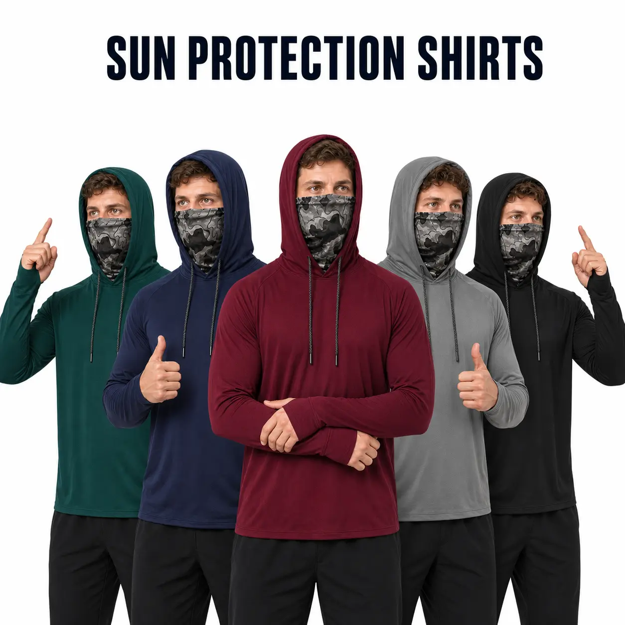 3/5/6-Pack Sun Shirts with Face Cover Mens Work Hoodie Breathable Sports Style Active Lifestyle Apparel