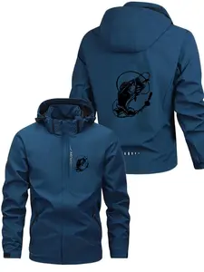 Men's Fashion Fishing Logo Jacket, Zipper Pocket, Casual Hooded Design, Spring & Fall Polyester Outerwear, Fitted Leisure Jacket
