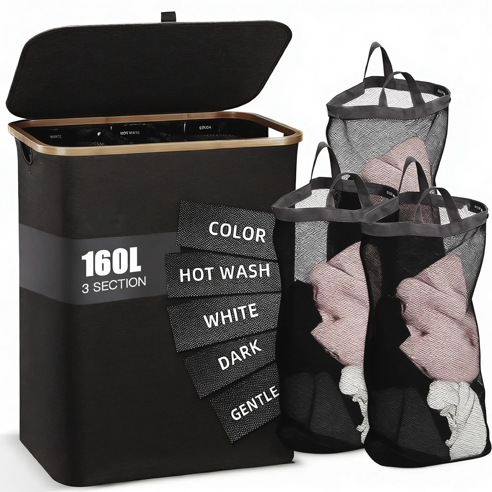 3-Section Portable Laundry Basket, 140L-160L Capacity Home Organizer with Lid & Sturdy Carry Handles, Ideal for Bedroom, Laundry Room Storage, Three Sections