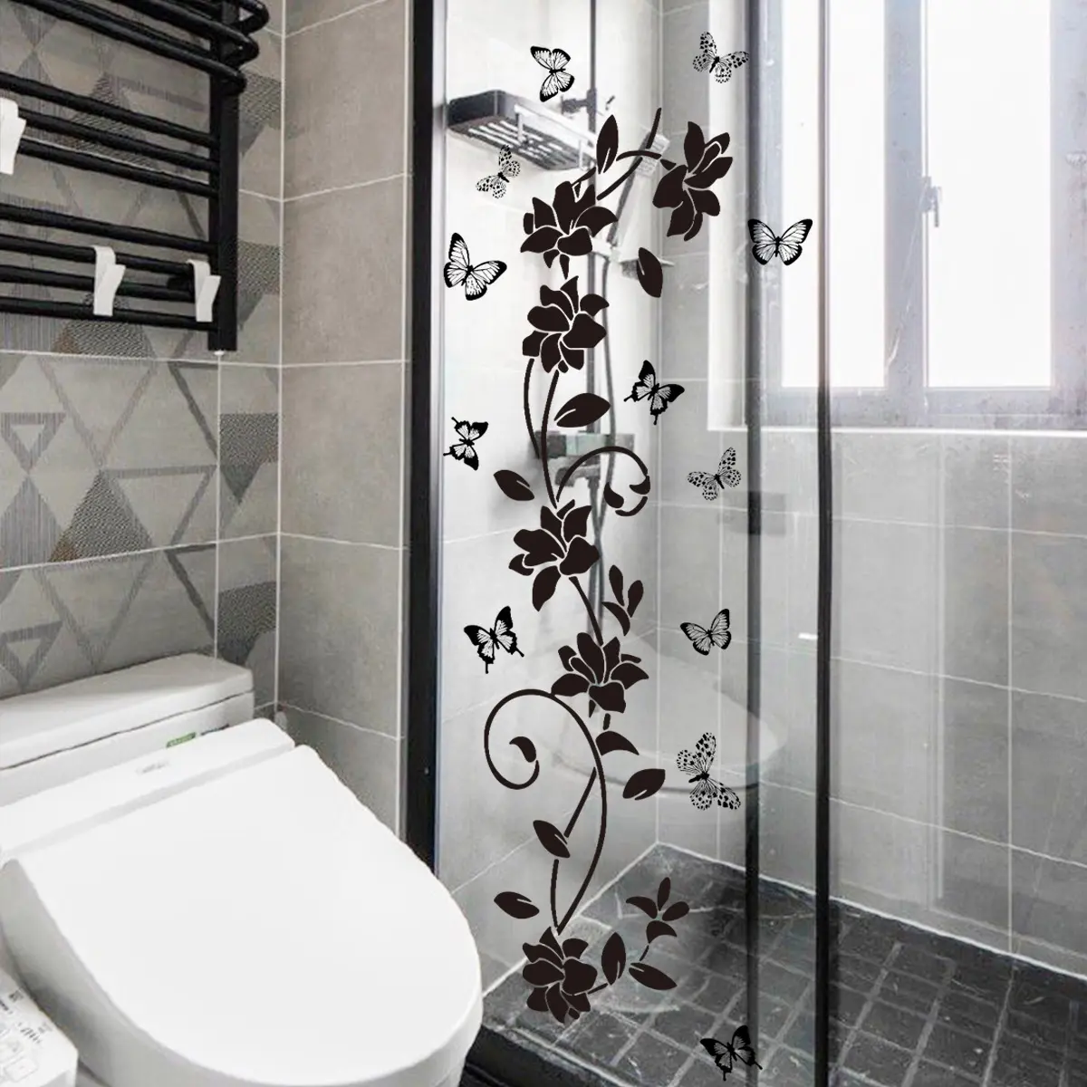 Butterfly & Flower Pattern Bathroom Sticker, Self Adhesive Wall Decal, Decorative Sticker for Home Bathroom, Home Decor, Bathroom Decorations, Bathroom Decoration Accessories, Bathroom Decoration Supplies