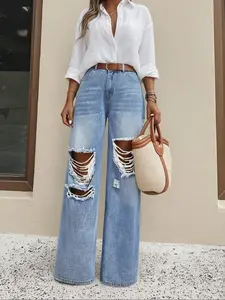 Breathable Fashionable Wide Leg Ripped Womenswear Jeans for Summer, Natural Waist Fitted Casual Style, Button Fly Closure for Trendy Look