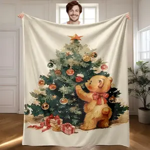 1 piece Bear decorating moment under the Christmas tree themed flannel blanket - Modern-style flannel blanket, suitable for sofas and beds, all-season use, super soft and comfortable, digital printing, 100% polyester material, machine washable