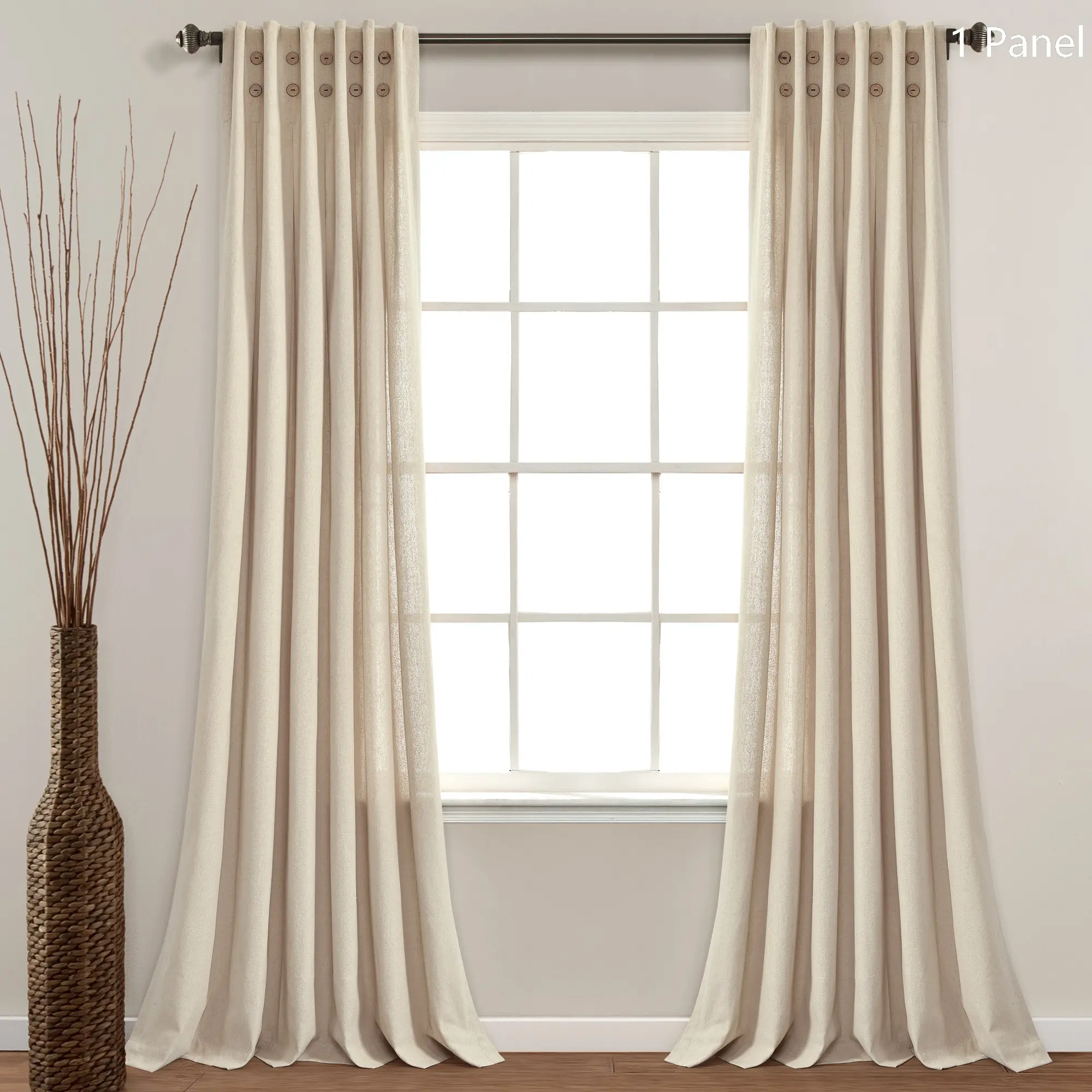 Lush Decor Linen Button Pinched Pleat Window Curtain (Single Panel) - Sold Individually - 84"L x 40"W Farmhouse Chic Neutral Colorway Sun Shade Film Shutter Blinds