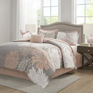 Floral Printed Comforter Set - 5-Piece Hypoallergenic Polyester Bedding Set with Queen Comforter, Shams, Bedskirt & Decorative Pillow