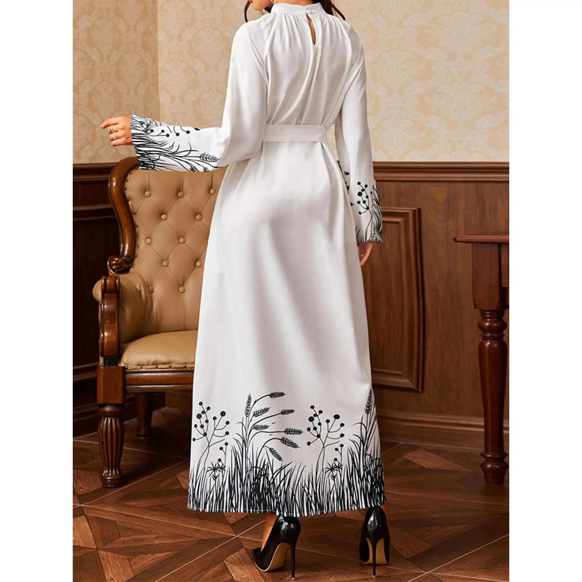 Women's Middle Eastern Turkish Kaftan Dress with Adjustable Waist Belt - Loose Fit Crew Neck Long Sleeve Plant Print Robe, Machine Washable All-Season Casual Elegant Cover-Up, Modest Attire, Flowy Fabric