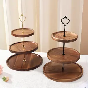 1 Pc Acacia Wood Dessert Stand, Forest Style Double & Three Layer Cake Plate, Wooden Desktop Decorative Tray, Cake & Snack Rack