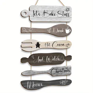 Wooden Hanging Sign, 1 Set Retro Wood Grain Christmas Kitchen Tools Wooden Hanging Sign, Home Kitchen Decor, Ideal New Year Thanksgiving Christmas Gift for Family, Ornaments
