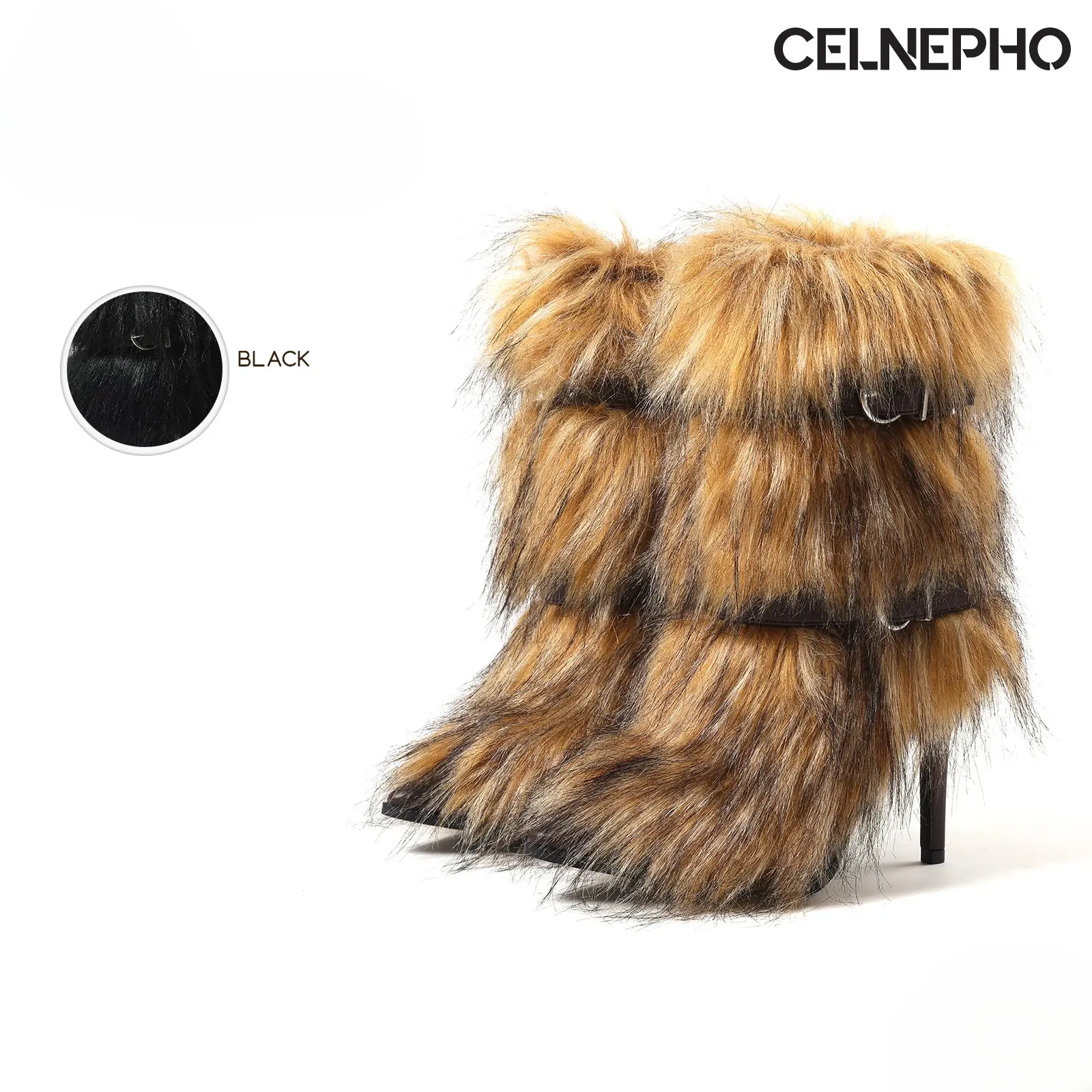 CELNEPHO Faux Fur Boots for Women Pointed Toe Stiletto Heel Mid Calf Boot Adjustable Buckle Warm Cozzy Fashion Booties Easy Pull on Gift Cosplay Everyday Wear Party Club Trendy Dress Shoes