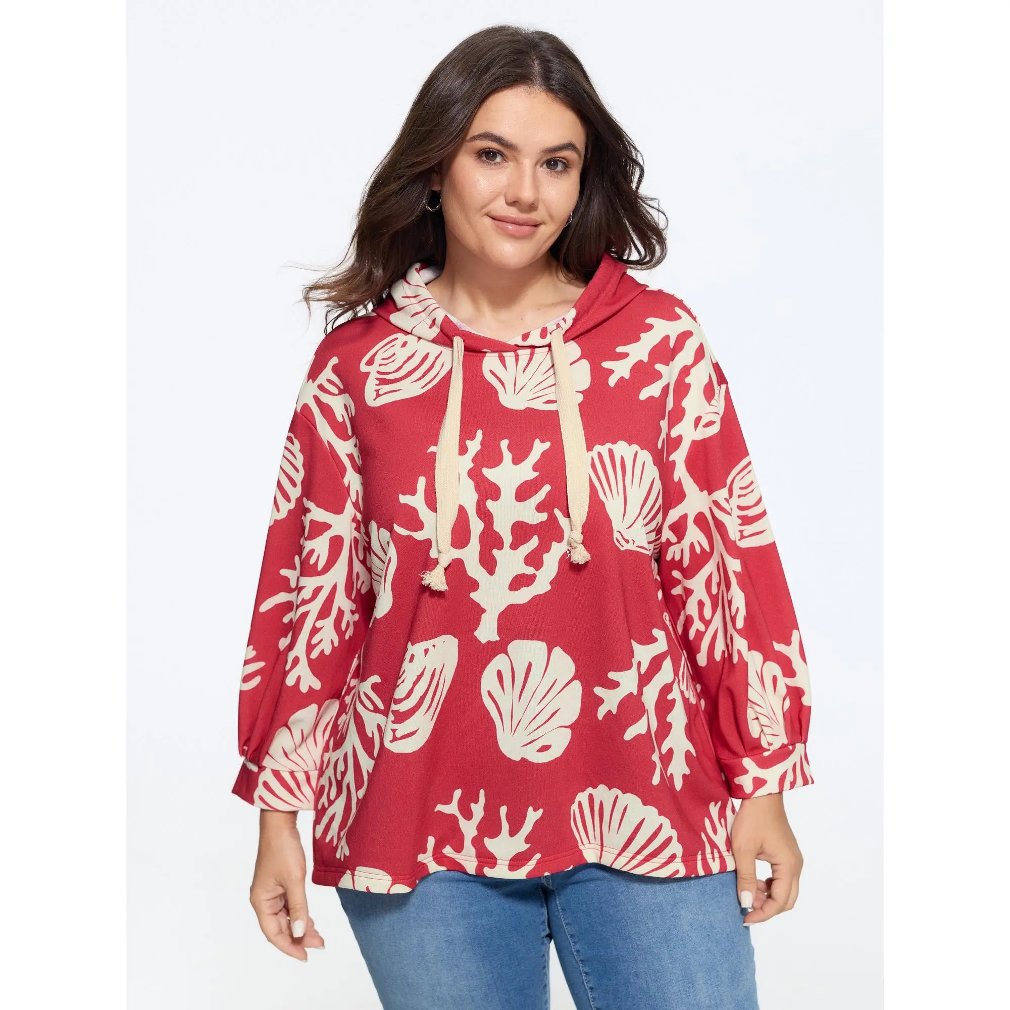 BLOOMCHIC Women's Plus Size Coral Shell Print Drawstring Hooded Sweatshirt[M-6X] 2026 Summerfinds