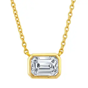 1 Ct. Moissanite Emerald East West Pendant Necklace 18K Gold on Silver Adjustable Chain