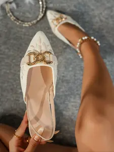 Women's Solid White Pointed Toe Slingback Flats, Black Floral Embroidery & Gold Metal Chain Buckle Decor, Comfortable Non-Slip Elegant Dress Shoes for Party, Date and Daily Wear