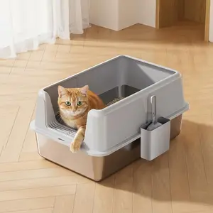 Stainless Steel Cat Litter Box with Lid,Large Metal Litter Box for Big Cats,High Sided Design,Never Absorbs Odors, Anti-Urine Leakage, Easy Cleaning, Include Scoop