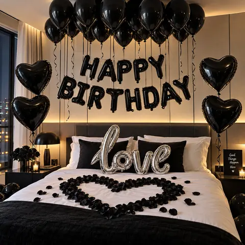 38pcs Black Happy Birthday Balloon Kit, 16in Letter Foil Balloons + Latex & Heart Balloons, Connected Love Balloons, Black Theme Party Decor for Men Women Birthday Celebration, Photo Booth Backdrop Set