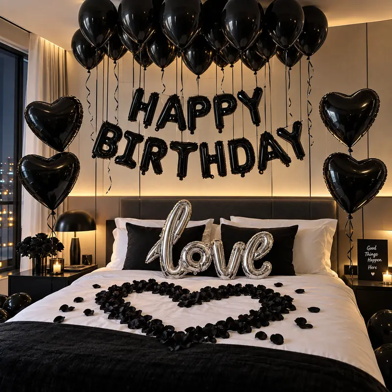 38pcs Black Happy Birthday Balloon Kit, 16in Letter Foil Balloons + Latex & Heart Balloons, Connected Love Balloons, Black Theme Party Decor for Men Women Birthday Celebration, Photo Booth Backdrop Set