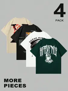 Men's Summer Loose Fit Short Sleeve T-Shirt Set, American Style Print Design, Casual Wear for Daily Use, 4 Piece Pack, Menswear