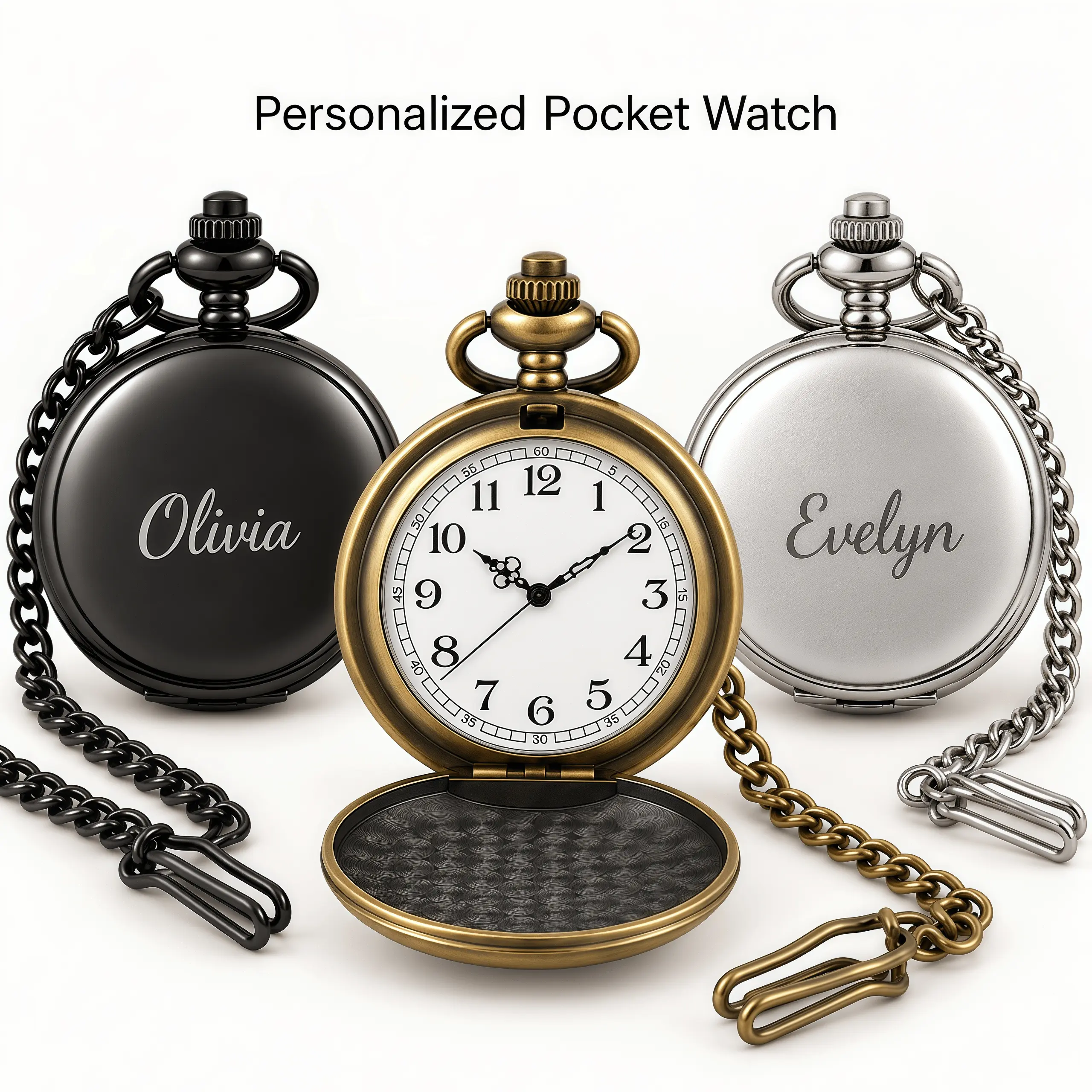 Personalized Classic Pocket Watch with Custom Engraved Name, Analog Timepiece with Chain and Clip, Wedding Gift for Groom, Groomsmen, Father, Husband and Best Man
