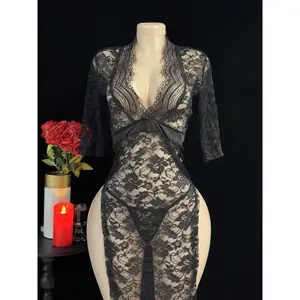 Lady's Ultra-Thin Transparent Hollow Lace Long Slit Nightdress Set - Seductive Role-Playing Lingerie, Pure Alluring Style Sleepwear for Women