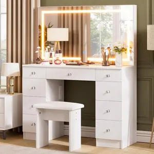 VOWNER Vanity with Mirror and Lights - Vanity Desk with Power Outlet and 9 Drawers, 3 Color Lighting Modes, Adjustable Brightness, Makeup Vanity with Soft Cushioned Stool for Bedroom