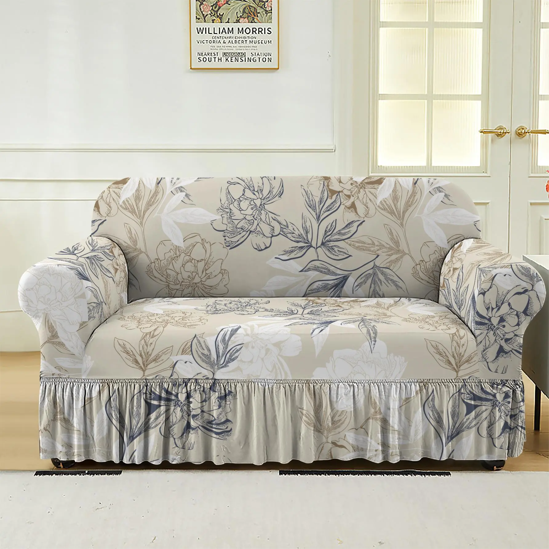 Floral Print Sofa Cover, 1 Count Elastic Sofa Slipcover with Skirt, Dustproof Sofa Couch Protector for Home Living Room, Sofa Protector for Home Living Room, Girly Apartment Decor, Stretch Sofa Cover, Decorative Sofa Cover, Sofa Couch Covers