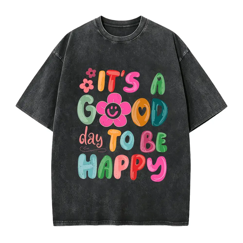 Women's Retro Boho Hippie Graphic T-Shirt - "It's a Good Day To Be Happy" Positive Mental Health Inspirational Unisex Casual Gift Shirt