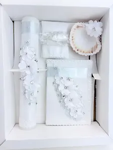 5-Piece Baptism Candle Set | Chiffon Floral Cascade | Bible Shell & Rosary