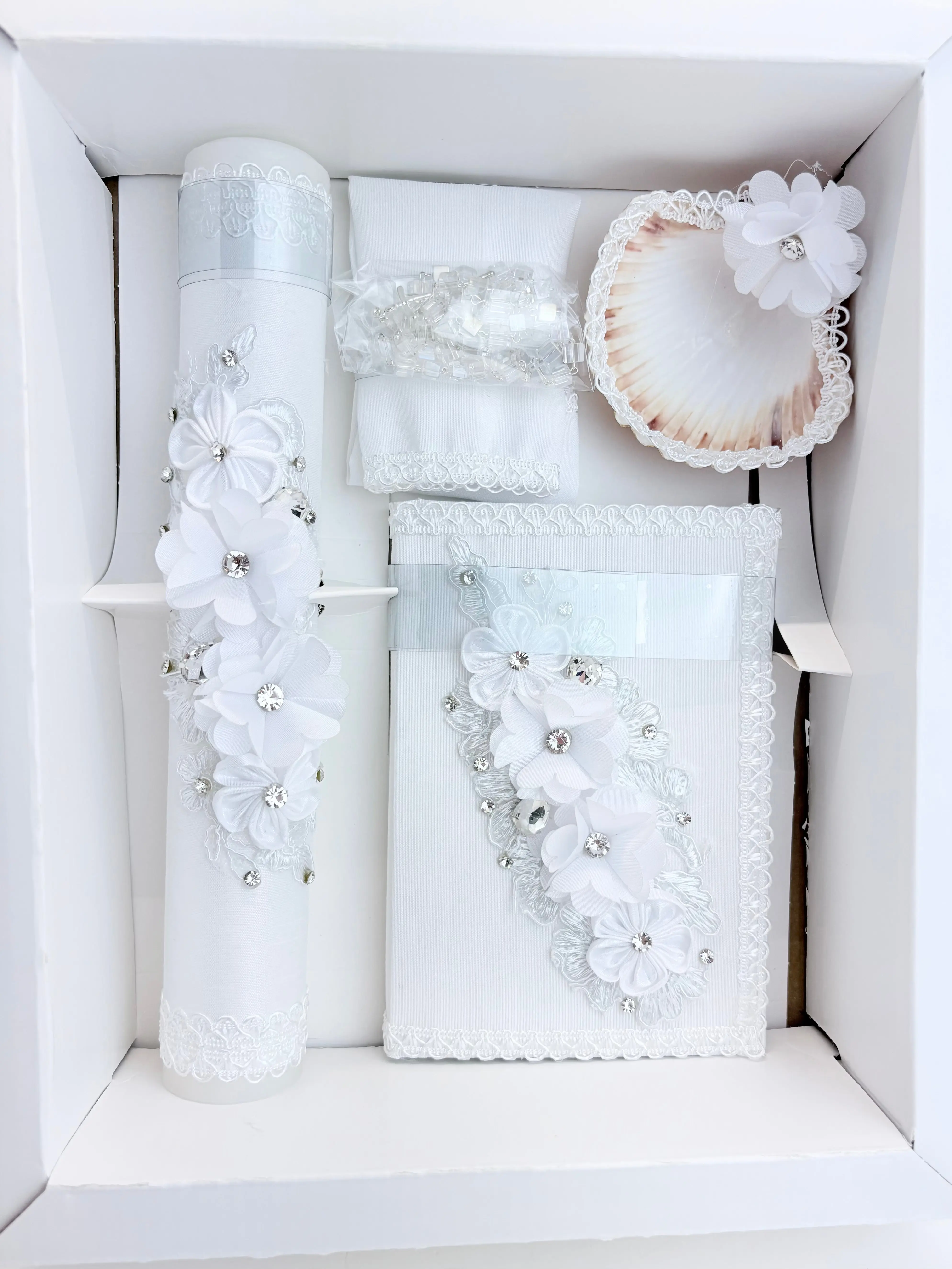 5-Piece Baptism Candle Set | Chiffon Floral Cascade | Bible Shell & Rosary