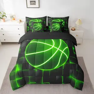 Feelyou 7-Pieces Basketball Gaming Sports Bedding Set, Green and Black Geometric Honeycomb Bed-in-a-Bag with Sheets