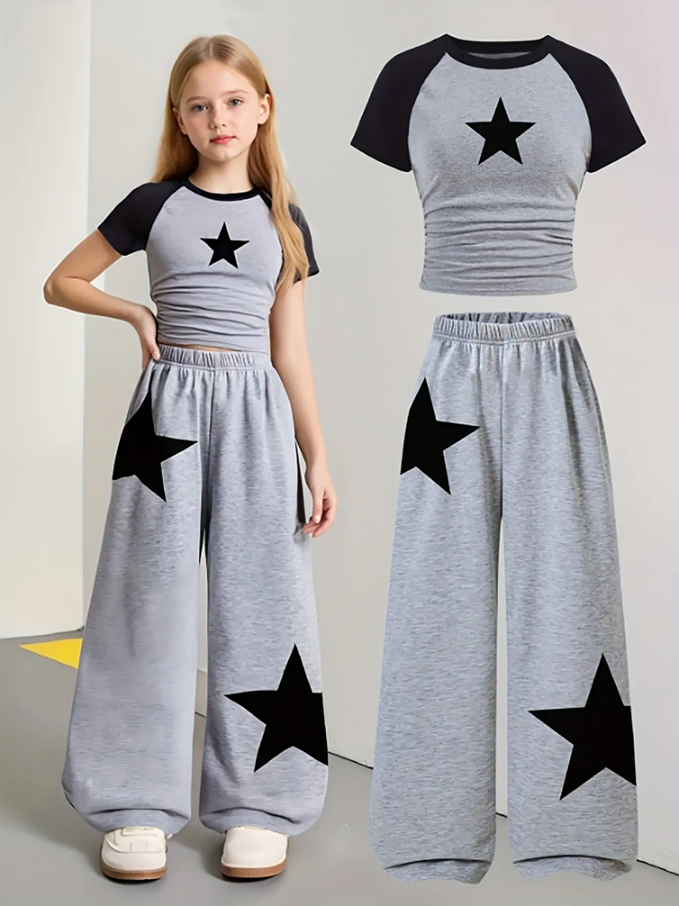 Star Print 2-Piece Kids Set, Raglan Sleeve Crop Top & Wide Leg Pants, Casual Streetwear for Girls, All Seasons Slim-Fitting Suit, Star Pattern, Matching Outfits Set, Fashion Style Sets, Fashion Clothes Sets