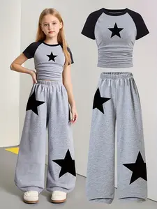 Star Print 2-Piece Kids Set, Raglan Sleeve Crop Top & Wide Leg Pants, Casual Streetwear for Girls, All Seasons Slim-Fitting Suit
