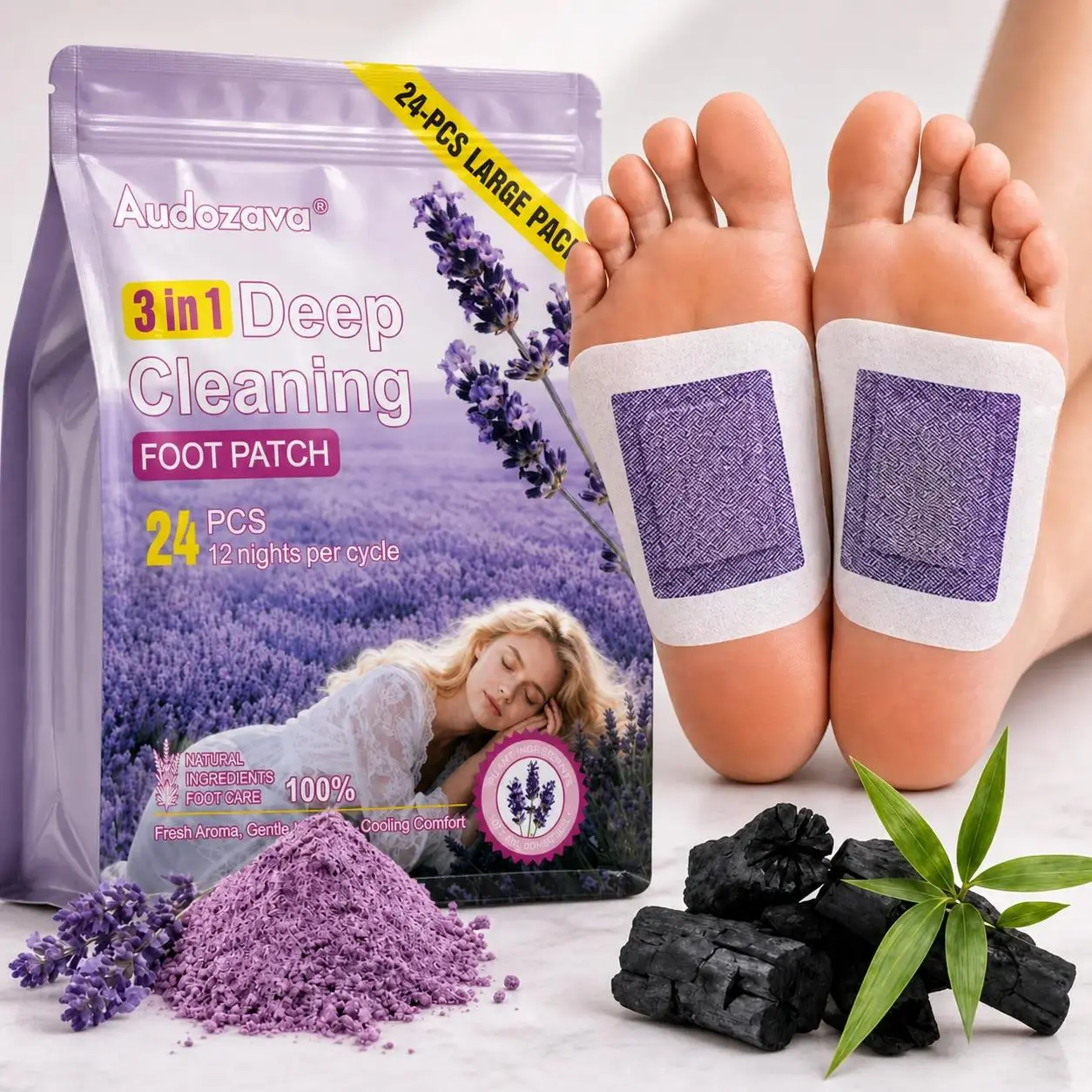 24-Pack Value Lavender & Ginger Restorative Body Patch Foot Masks - Natural Bamboo Vinegar, Chitin & Vitamin C Formula, Sleep Aid, Tired Relief, Youth Support, 12-Night Cycle, 24-Month Shelf Life, Hand & Foot Care Gift