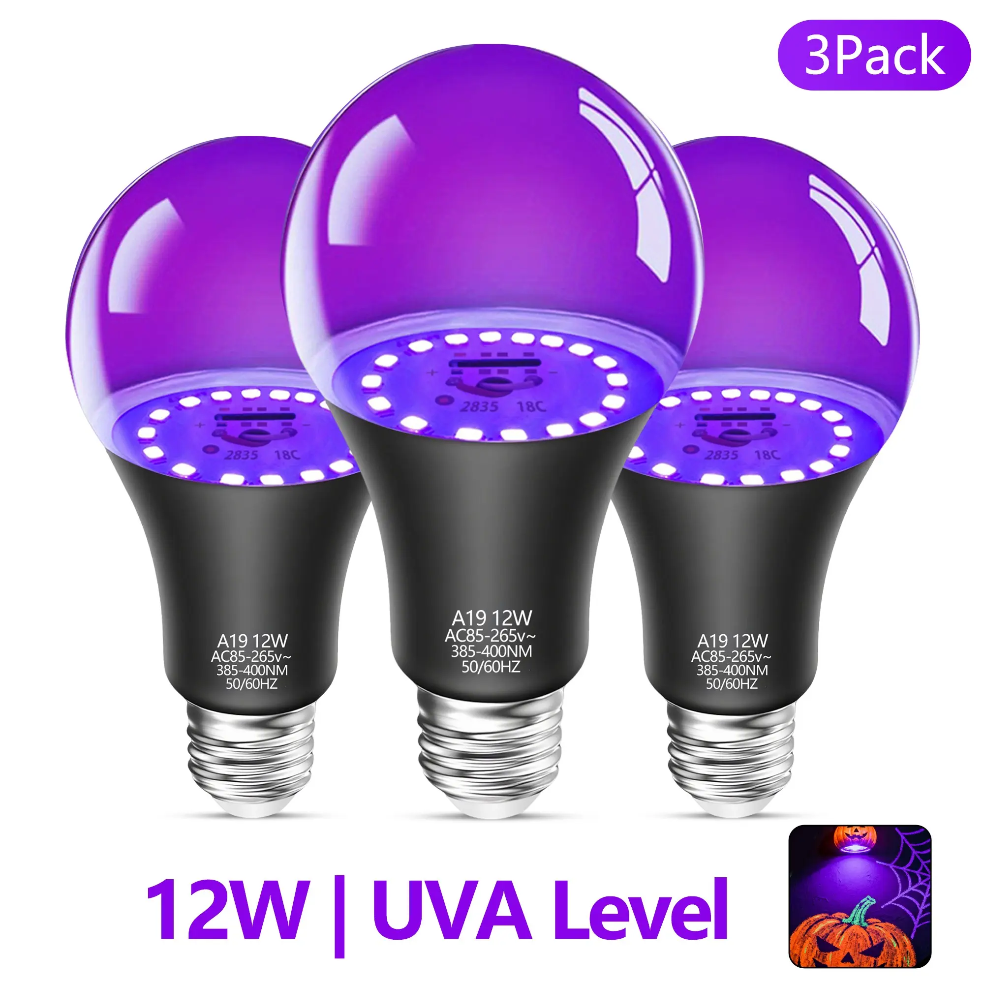 Kasotile LED Blacklight Bulb, 12w A19, Equivalent to 100w Brightness, Ideal for Body Painting, Party Atmosphere, Fluorescent Posters, Neon Parties