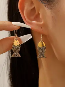 Boho Fish Earrings, Vintage Silver Color Engraved Fish Pendant, Ethnic Women's Bold Jewelry, Unique Statement Ear Cuffs