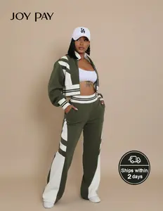 JOYPAY Two Piece Tracksuit for Women Colorblock Zip-Up Crop Jacket & High Waist Wide Leg Pants Set Athleisure Street Fit Casual Gym Wear Breathable Activewear Sporty Chic Style