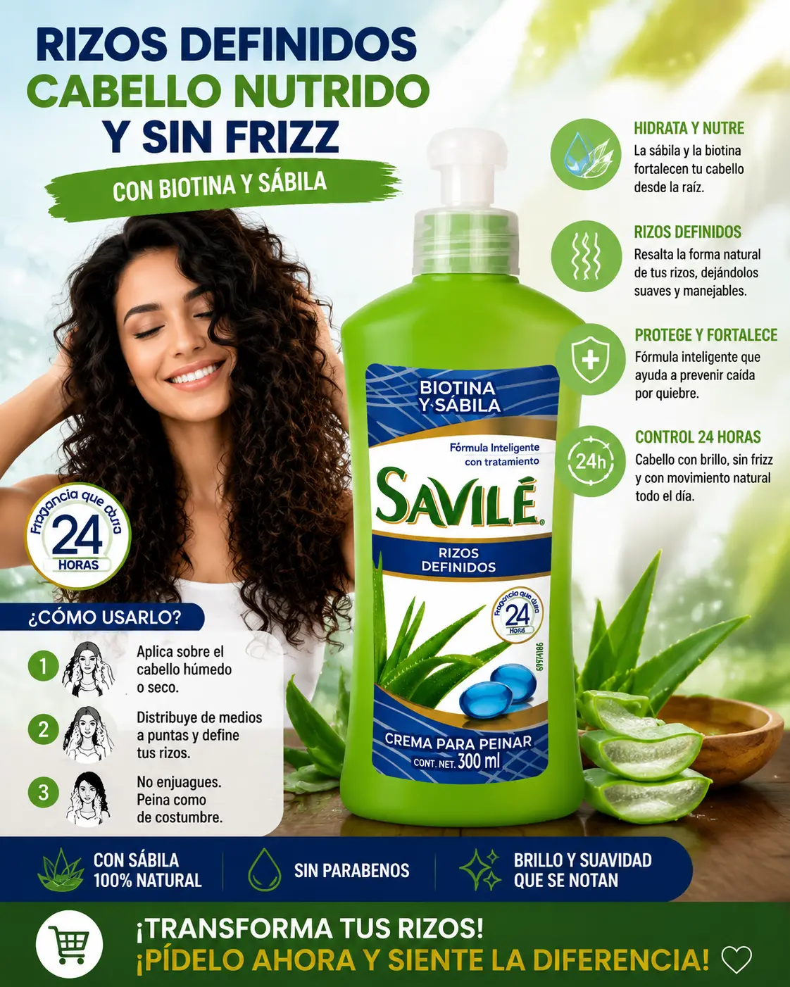 Savile Biotina & Sabila Rizos Definidos 300ml - leave-in styling cream to help hydrate, shape, and strengthen curly. natural aloe vera pulp (pulpa de sábila) with biotin, coats the hair fiber to protect from heat and external damage.