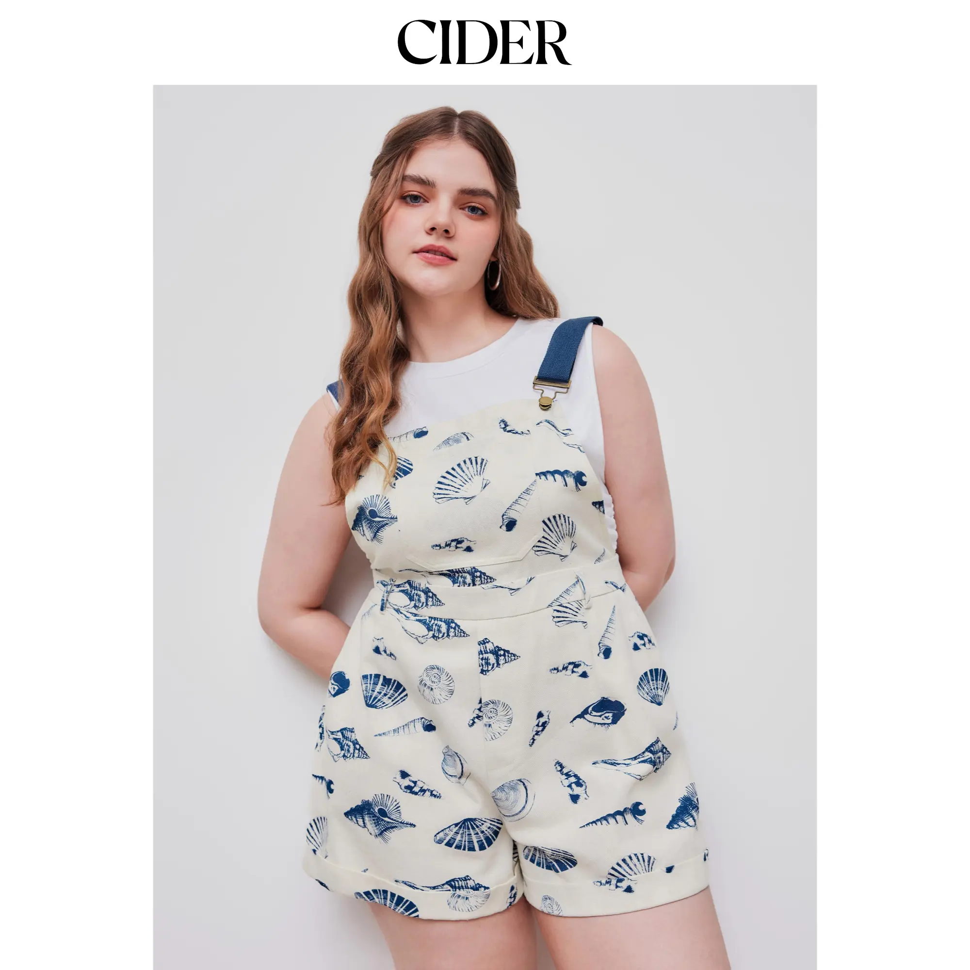 Cider Women's Convertible-Strap Romper with Roll Hem & Shell Graphic Pockets, Curve & Plus Size Playsuit for Summer Beach Outings and Spring Casual Wear