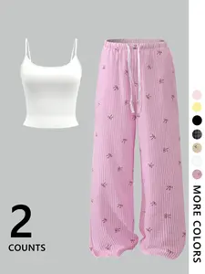 Two-piece Set Women's Cami Top & All Over Print Pants, Casual Comfy Cami Top & Trousers Set, Ladies Cute Clothes for All Seasons, Loungewear, Womenswear
