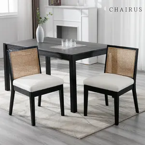 CHAIRUS Farmhouse Rattan Dining Chairs Set of 2, Mid Century Modern Dining Room Chairs,  Sherpa Upholstered Kitchen Chairs, Country Kitchen Chairs for Dining Room, Rectangle Cane Backrest Side Chairs with Black Hardwood Legs, Beige