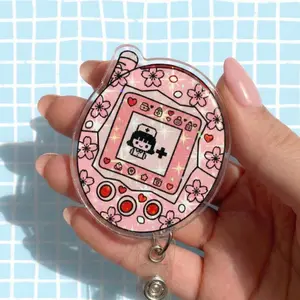 Nurse Sakura Tamagotchi Badge Reel, Pink Holographic Kawaii ID Holder