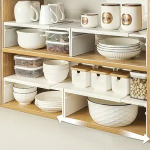 [Expandable Kitchen Organizer] Adjustable Multi-Tier Expandable White Kitchen Organizer - Durable Plastic Storage Rack for Cabinets & Countertops, No Tools Required